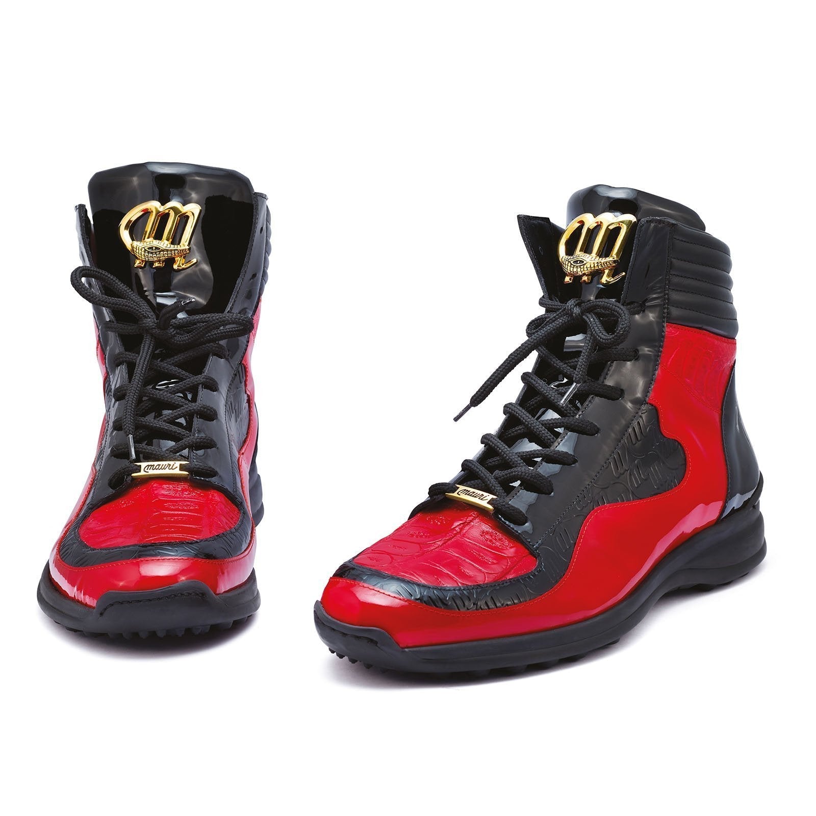 Mauri Flash 8401 Men's Shoes Black & Red Exotic Crocodile / Patent / Ostrich Leg High-Top Sneakers SPECIAL ORDER(MA5279)