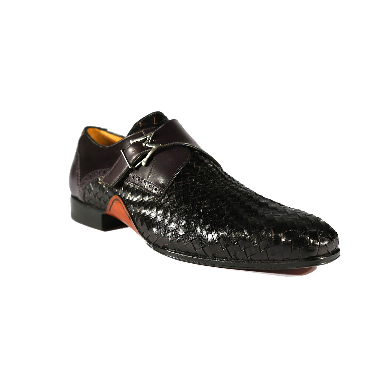 Mezlan S20271 Men's Shoes Black Woven / Calf-Skin Leather Dress Opanka Monk-Straps Loafers (MZS3483)