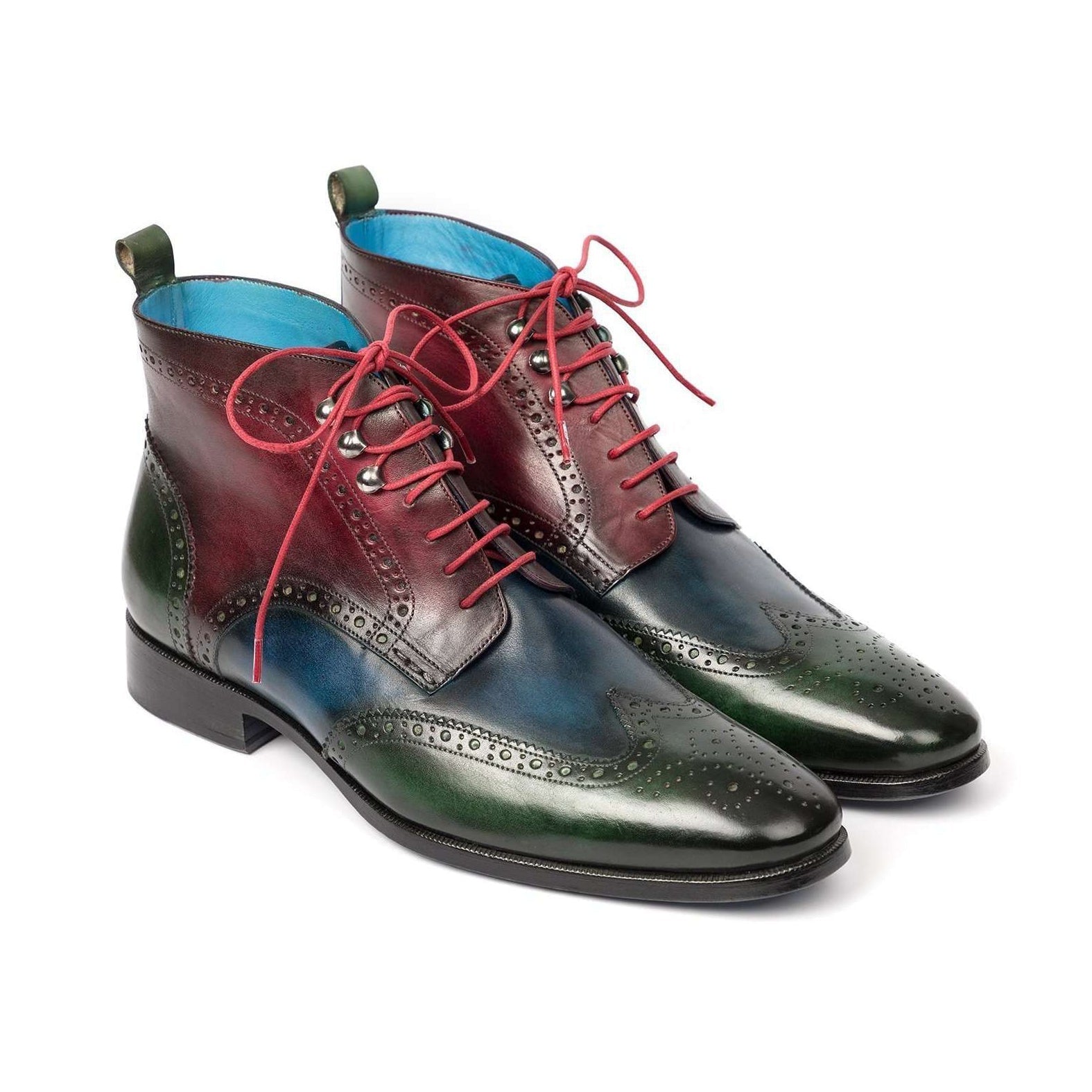 Paul Parkman Handmade Designer Shoes Wingtip Three Tone Green Blue Bordeaux Ankle Boots (PM5611)