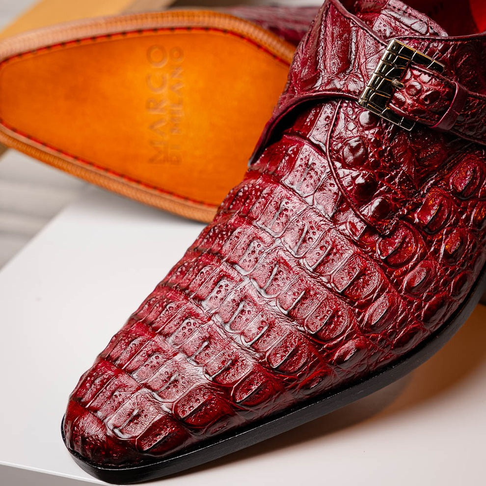 Marco Di Milano Rovigo Men's Shoes Wine Exotic Crocodile Skin Single Monk-Strap Loafers (MDM1000)