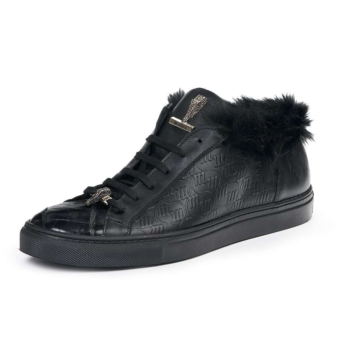 Mauri Designer Shoes Exotic Skin Men's Larice Black Kangaroo Fur & Embossed Nappa Leather Sneakers 8591(MA4817)