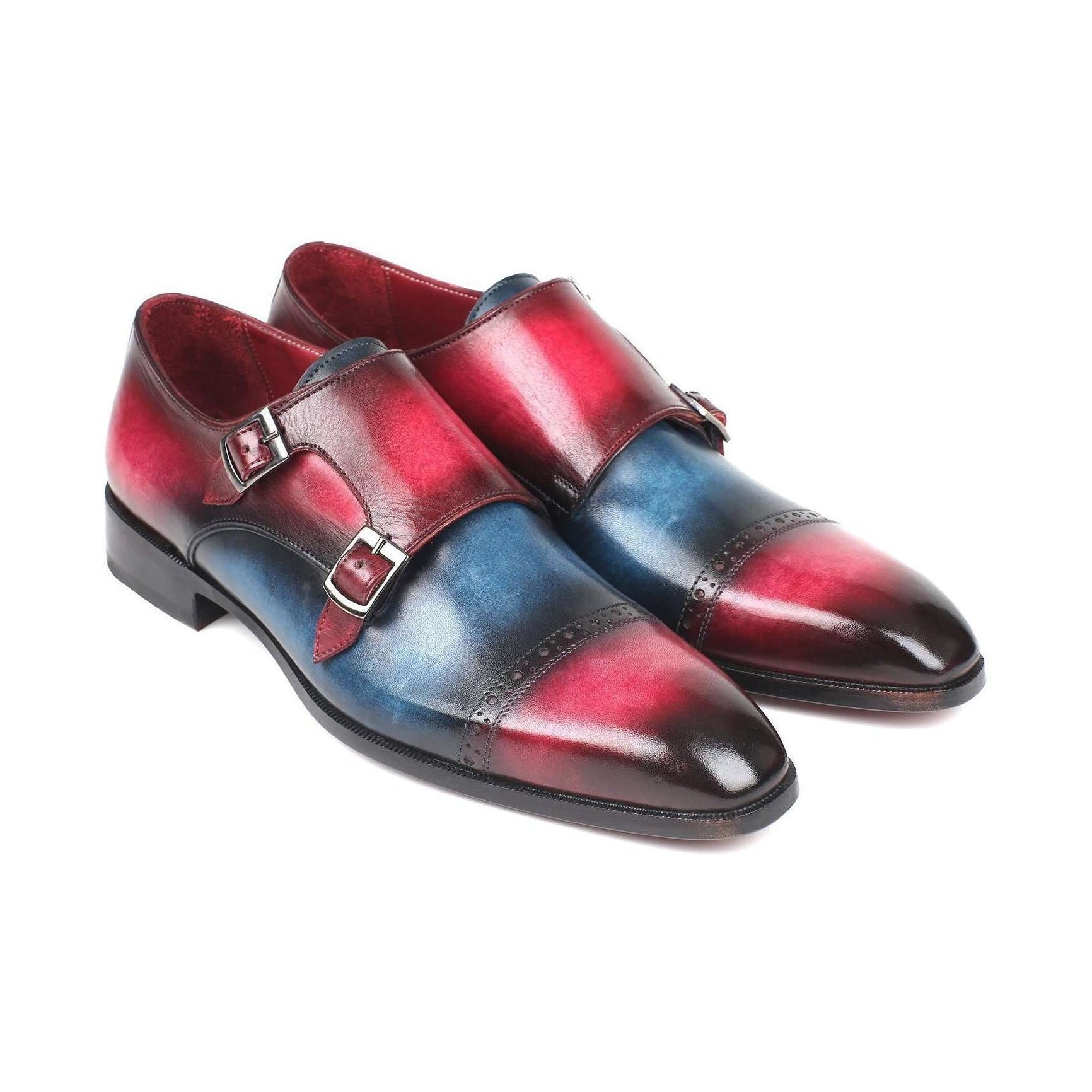 Paul Parkman Handmade Designer Shoes Captoe Double Monkstraps Blue & Fuxia Loafers (PM5850)