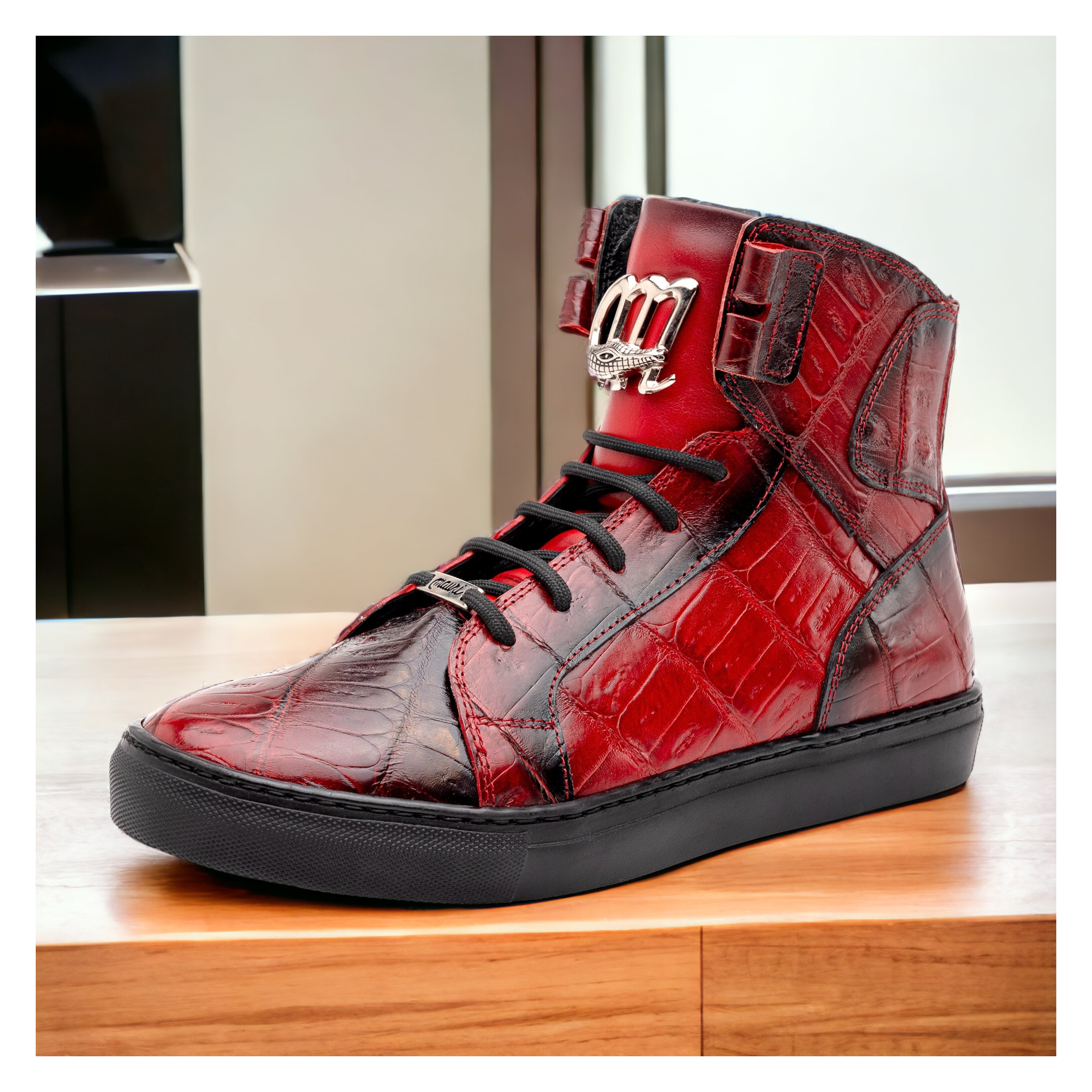 Mauri Golden Boy 6129-1 Men's Shoes Red with Black Finished Exotic Crocodile / Nappa Leather High-Top Sneakers (MA5575)