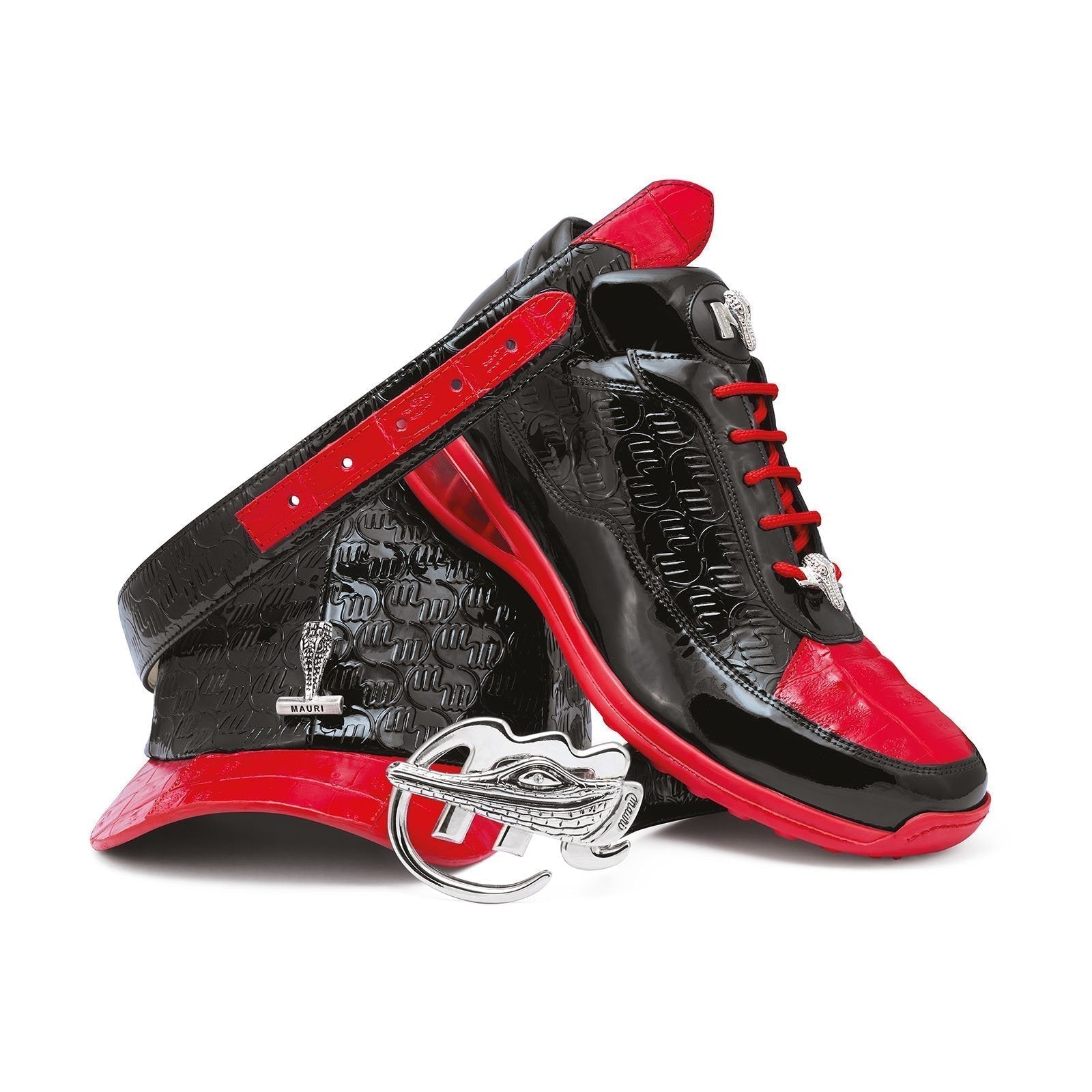 Mauri 8900/2 Bubble Men's Designer Shoes Red & Black Baby Crocodile / Patent Print Leather Sneakers (MA5020)