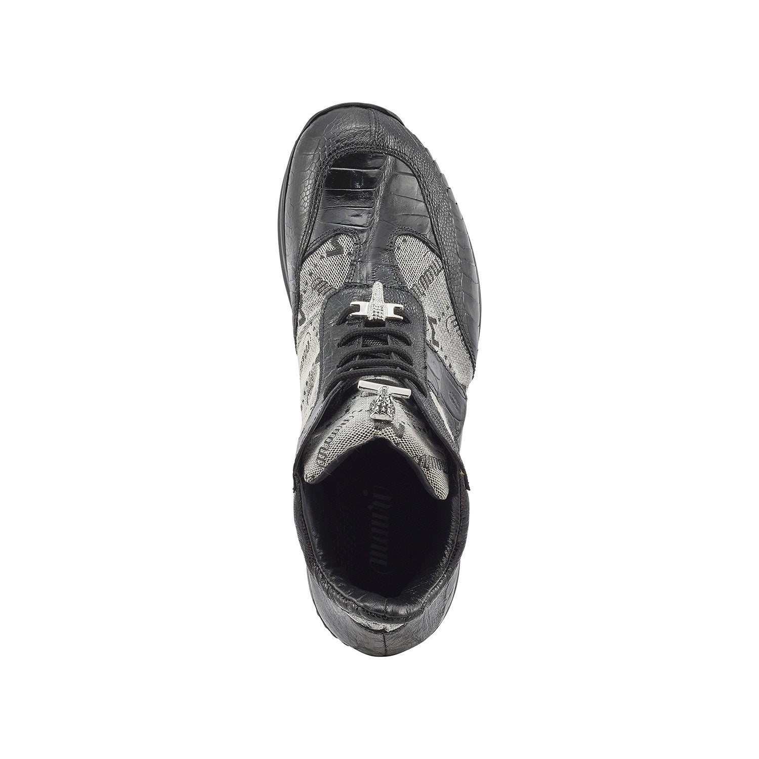 Mauri 8430 Signature Men's Shoes Black & Gray Exotic Ostrich Leg / Crocodile / Mauri Fabric Casual Sneakers (MA5393)