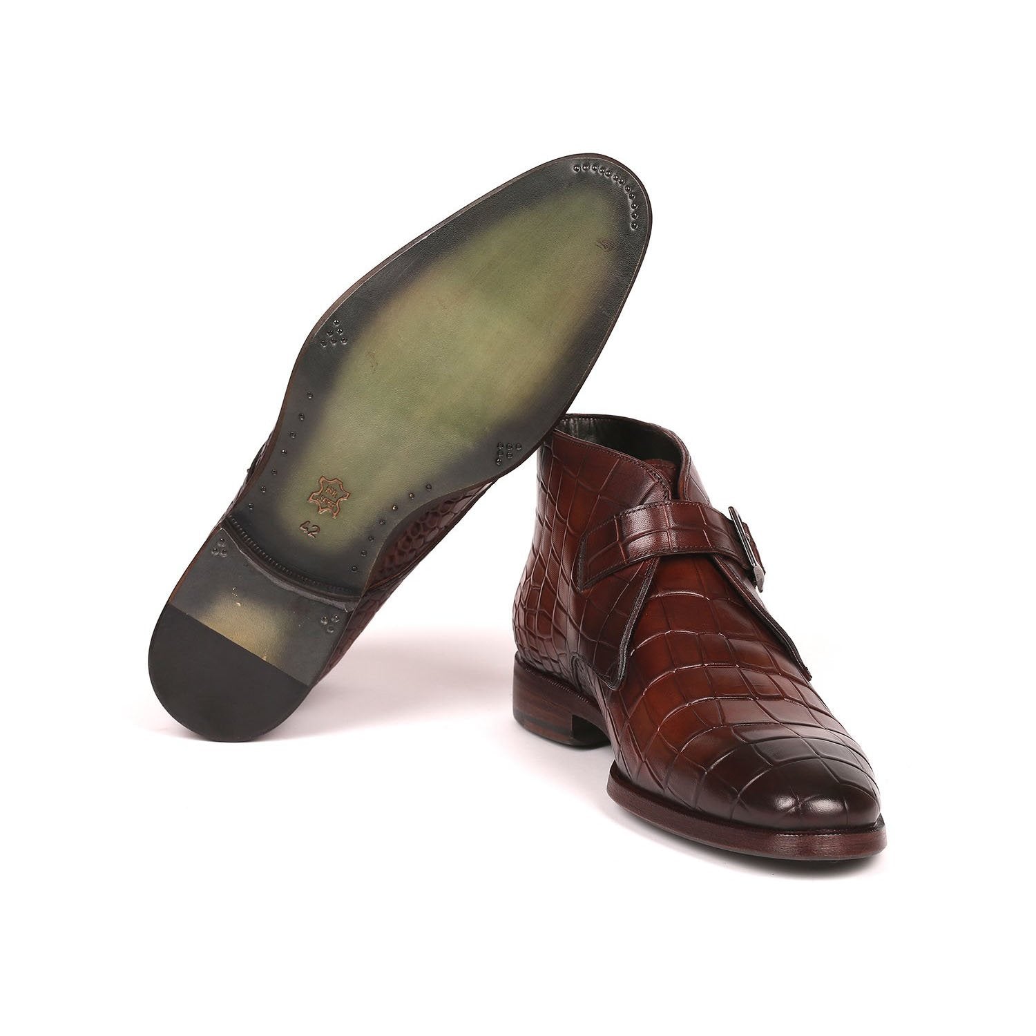 Paul Parkman 8638-BRW Men's Shoes Brown Crocodile Print / Calf-Skin Leather Monk-Strap Ankle Boots(PM6254)