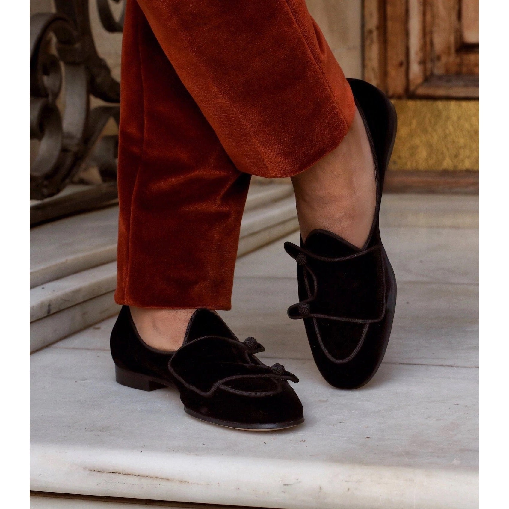 SUPERGLAMOUROUS Tangerine 7 Velour Men's Shoes Black Velvet Monk-Straps Belgian Loafers (SPGM1022)