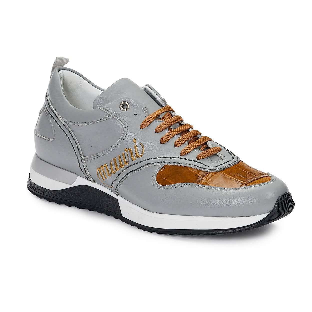 Mauri Designer Shoes Exotic Skin Men's Anil Calf & Baby Croc Grey & Gold Sneakers 6199 (MA4926)