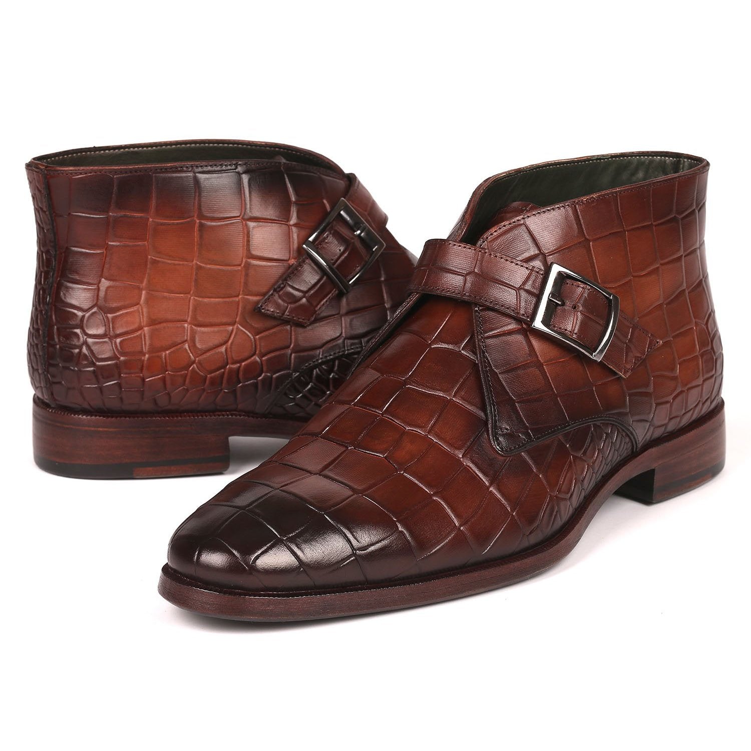 Paul Parkman 8638-BRW Men's Shoes Brown Crocodile Print / Calf-Skin Leather Monk-Strap Ankle Boots(PM6254)