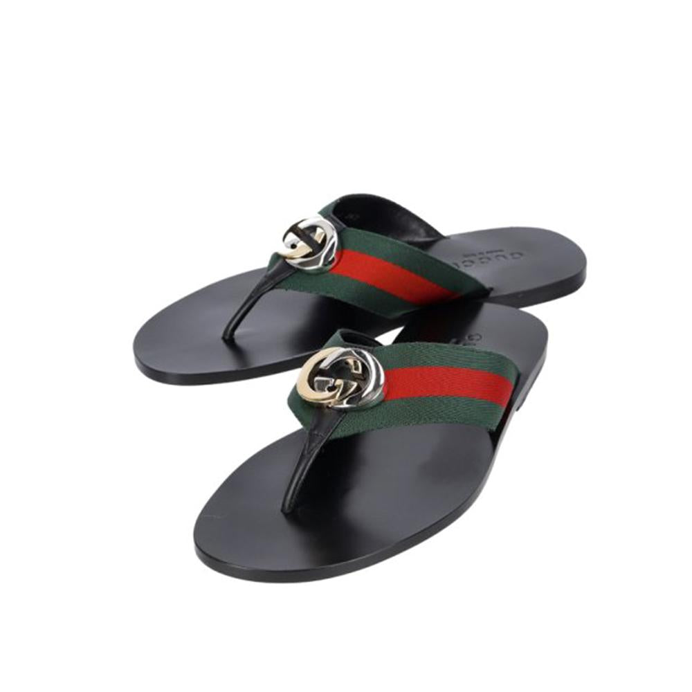 Gucci 630307 H9020 8476 Men's Shoes Black, Red & Green Calf-Skin leather / Fabric Sandals (GGM1722)