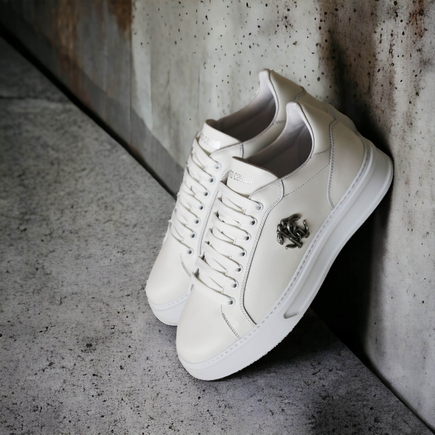 Roberto Cavalli 22535-C Men's Shoes White Calf-Skin Leather Casual Sneakers (RC1001)
