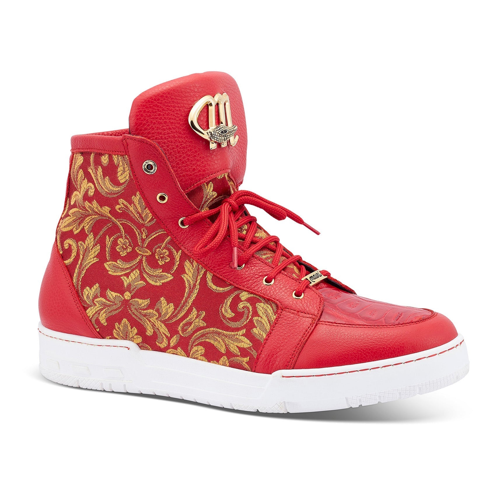 Mauri 8437 Kingpin Men's Shoes Red Exotic Crocodile/ Calf-Skin Leather / Gobelins Fabric Hightop Sneakers (MA5443)