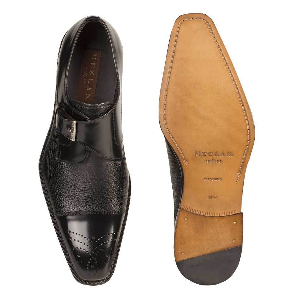 Mezlan Phoenix 16505 Men's Designer Shoes Black Calfskin & Deerskin Monk Strap Loafers (MZ2032)