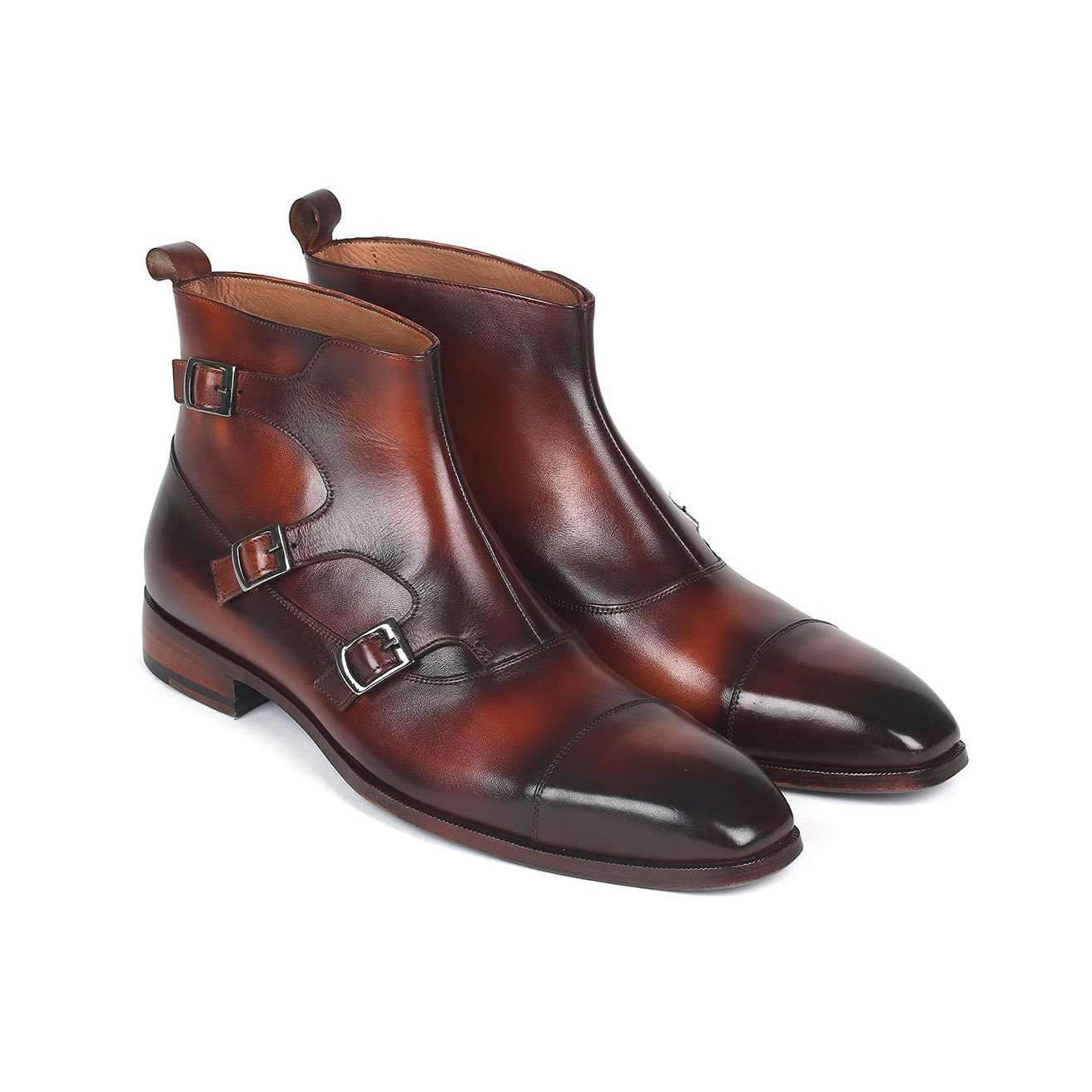 Paul Parkman Men's Brown Calf-Skin Leather Triple Monk-Straps Boots 88951-BRW (PM6144)