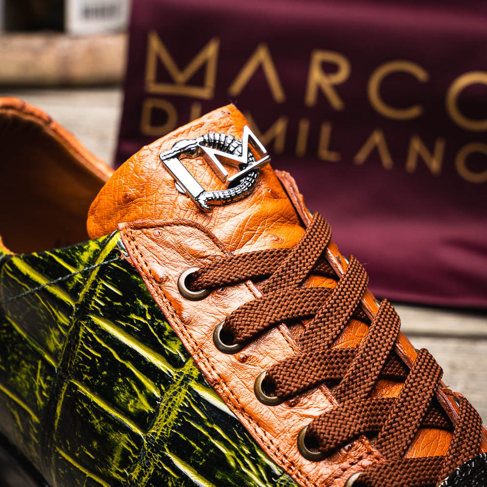 Marco Di Milano Saulo Men's Shoes Green & Cognac Exotic Ostrich / Alligator Casual Sneakers (MDM1045)