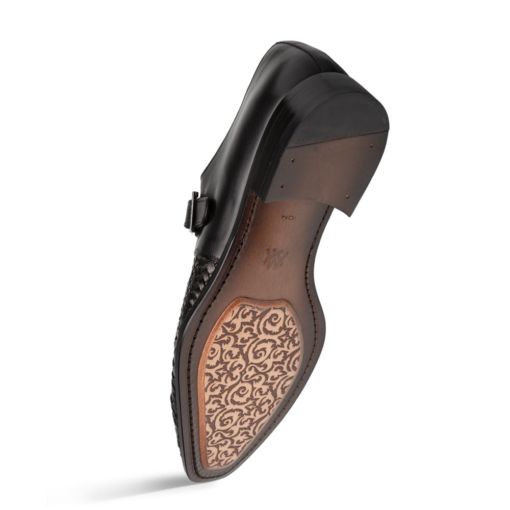Mezlan Temi 21069 Men's Shoes Black Woven / Calf-Skin Leather Single Monk-Strap Loafers (MZ3742)