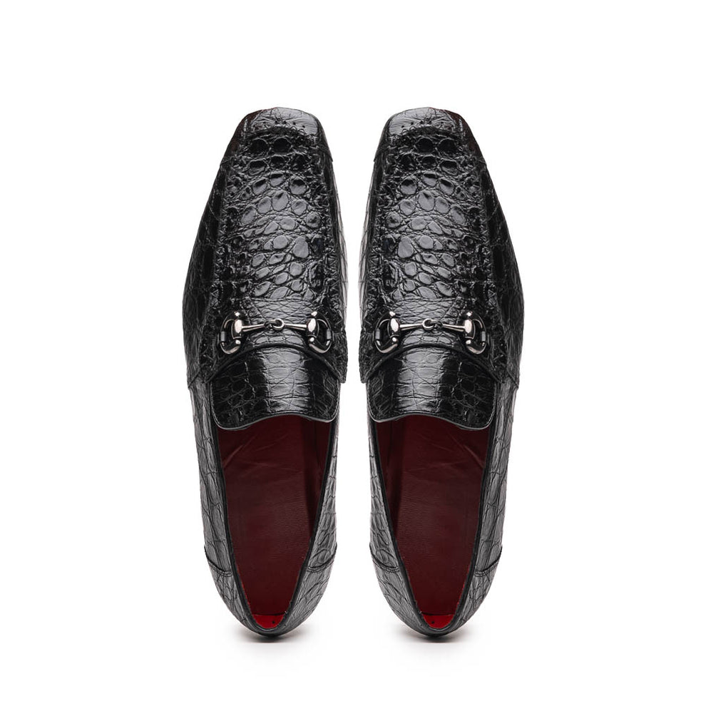 Marco Di Milano Landro Men's Shoes Black Exotic Crocodile Horsebit Loafers (MDM1023)