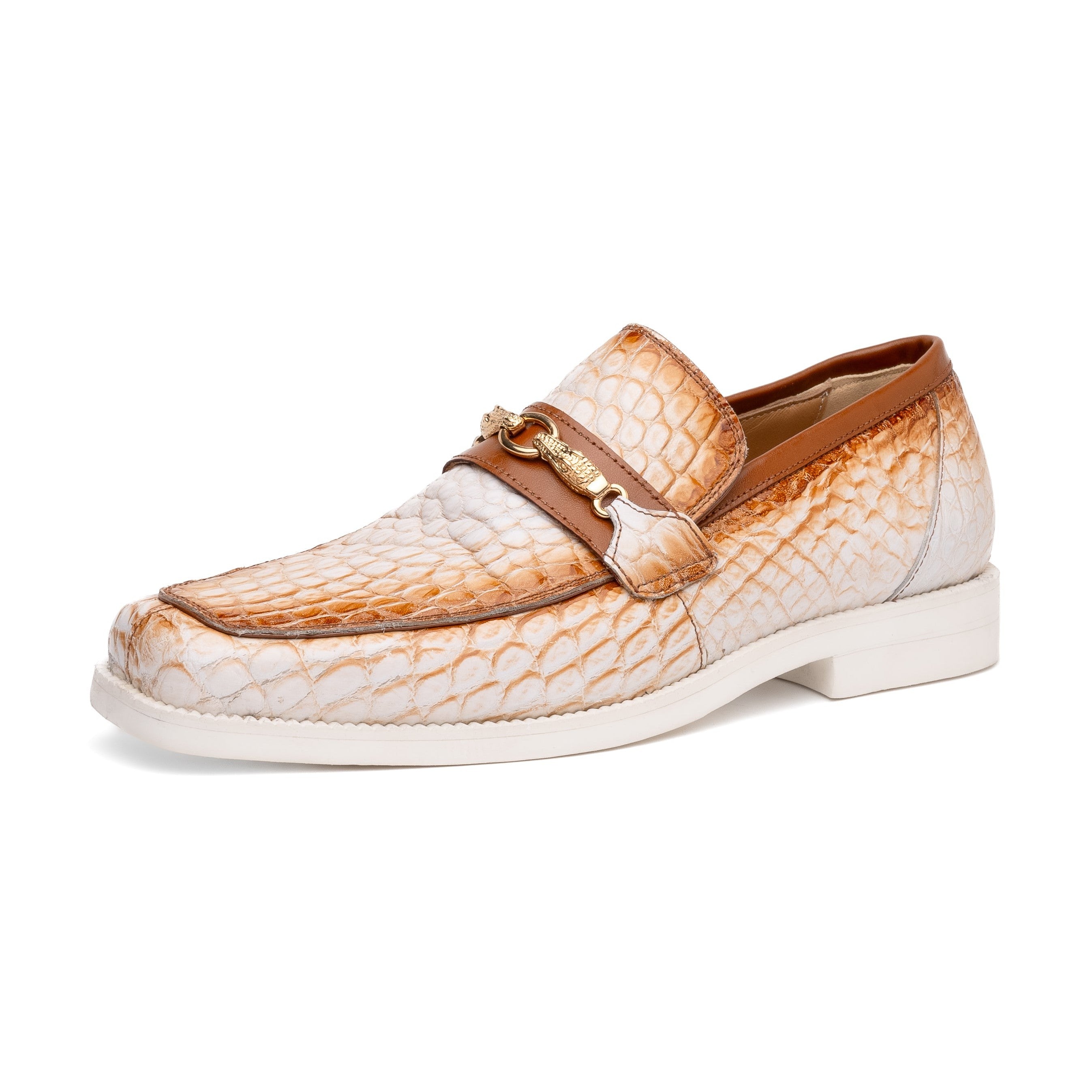 Mauri Debonair 4894-7 Men's Shoes White with Cognac Finished Exotic Alligator / Nappa Leather Horsebit Loafers (MA5596)