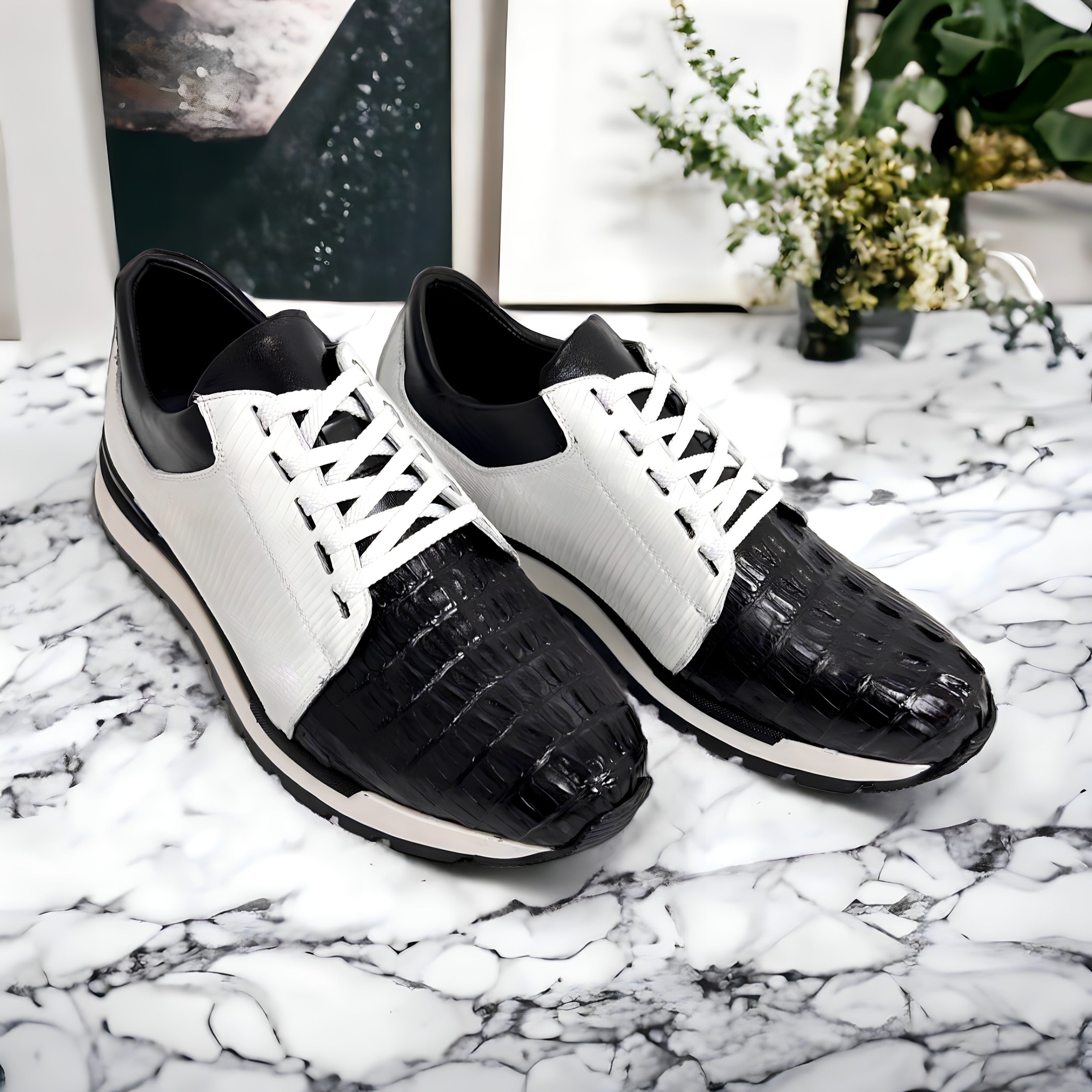 Belvedere 33631 Titan Men's Shoes Black & White Exotic Caiman Crocodile / Lizard / Calf-Skin Leather Casual Sneakers (BV3145)