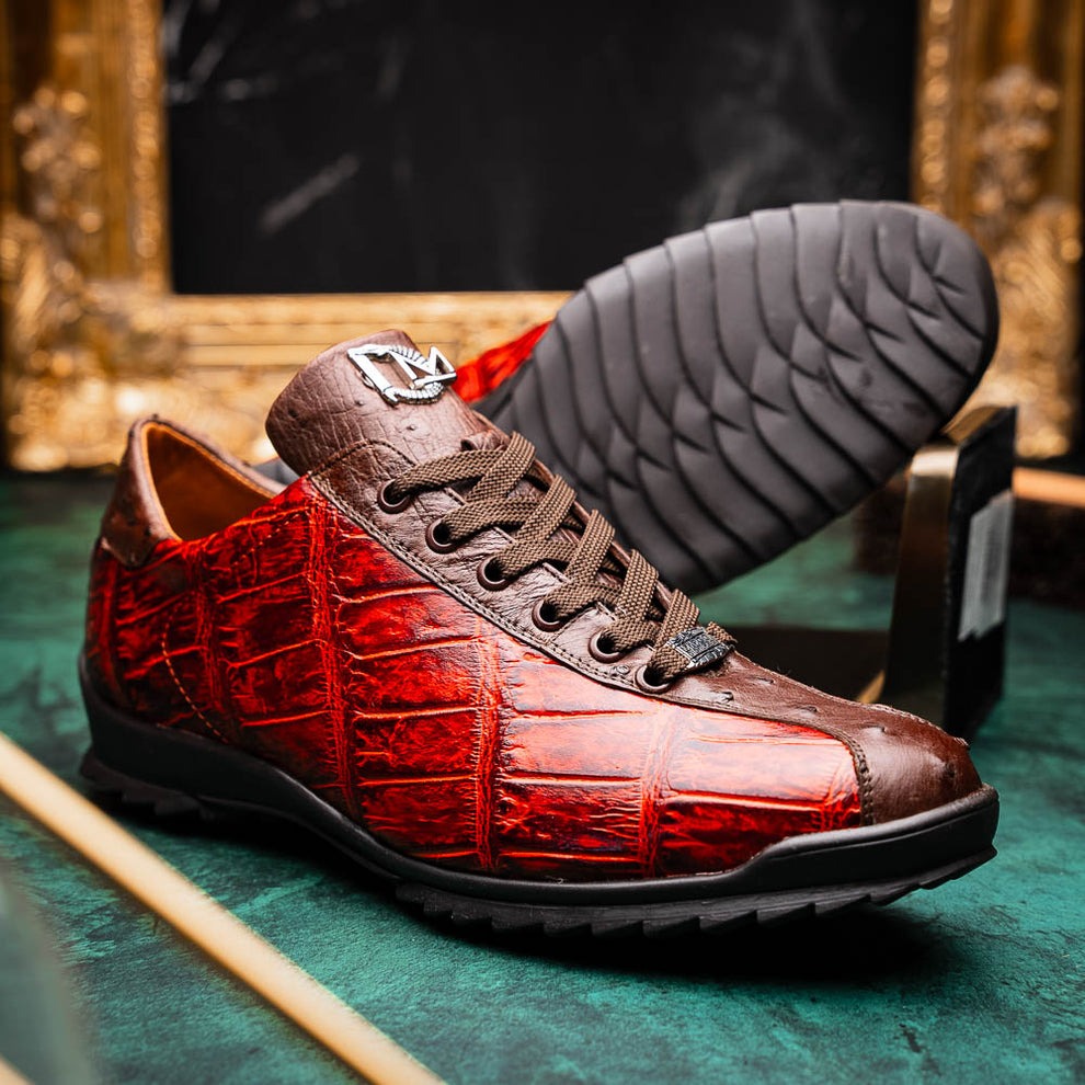 Marco Di Milano Saulo Men's Shoes Green & Cognac Exotic Ostrich / Alligator Casual Sneakers (MDM1045)
