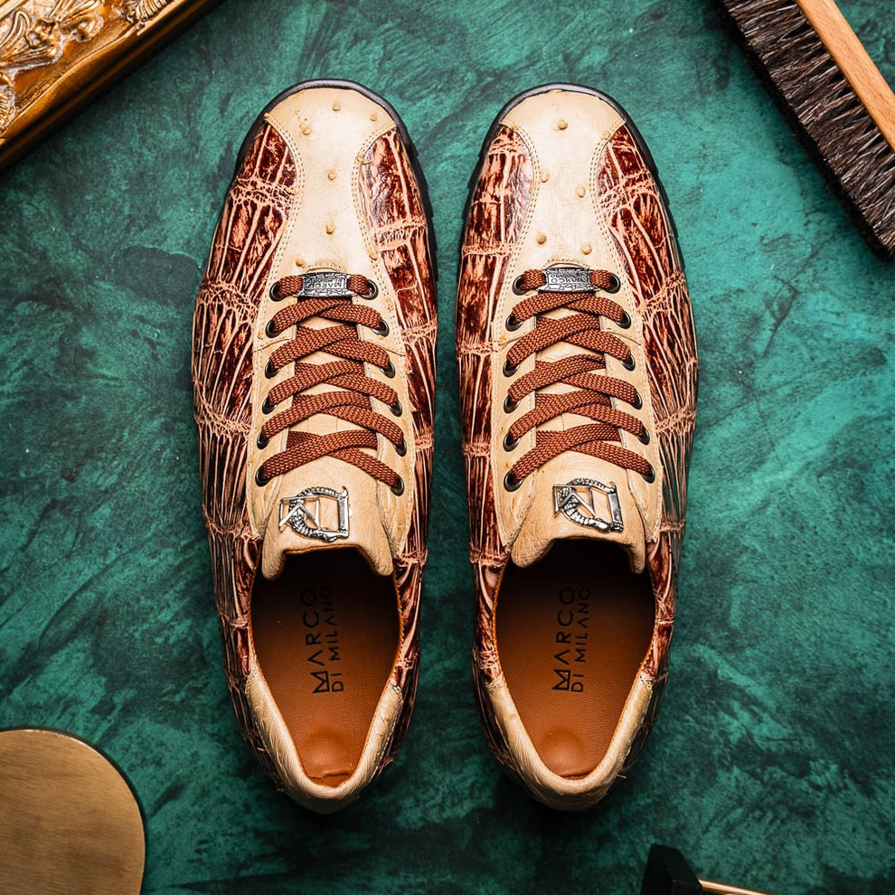 Marco Di Milano Saulo Men's Shoes Green & Cognac Exotic Ostrich / Alligator Casual Sneakers (MDM1045)