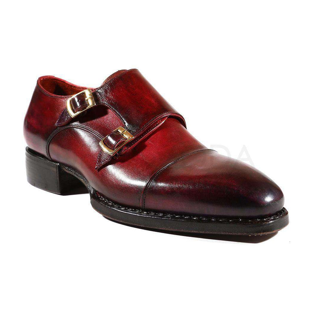 Paul Parkman Handmade Designer Shoes Men's Designer Shoes Triple Leather Sole Hand-Welted Cap Toe Monkstraps Purple & Burgundy Loafers (PM2008)