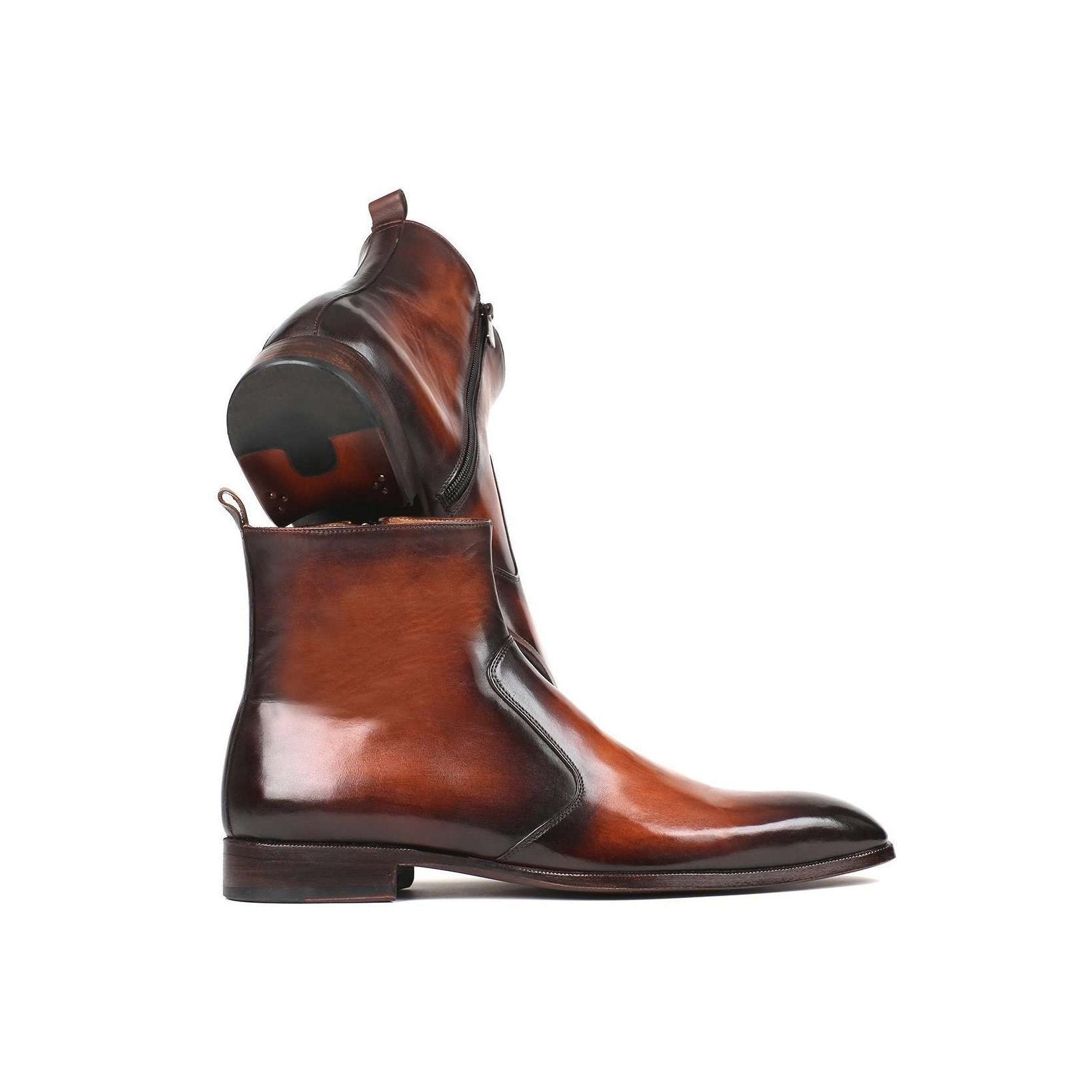 Paul Parkman Handmade Designer Shoes Brown Burnished Side Zipper Boots (PM5864)