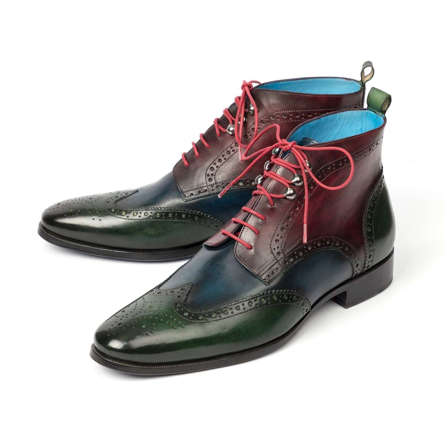 Paul Parkman Handmade Designer Shoes Wingtip Three Tone Green Blue Bordeaux Ankle Boots (PM5611)