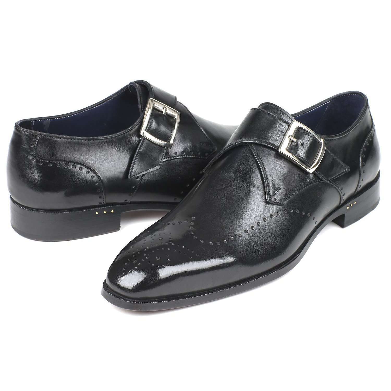 Paul Parkman Handmade Designer Shoes Wingtip Single Monkstraps Black Loafers (PM5856)