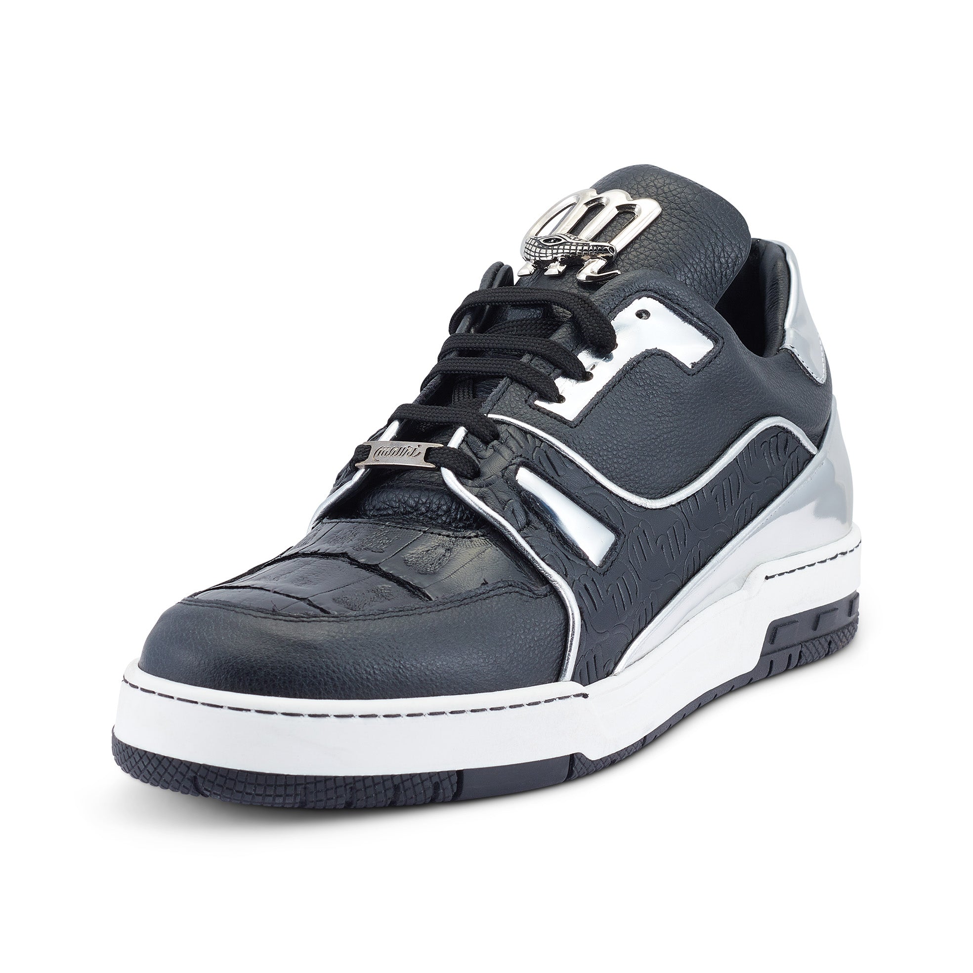 Mauri Hoodlum 8433 Men's Shoes Black & Silver Exotic Crocodile / Calf-Skin Leather Casual Sneakers (MA5492)