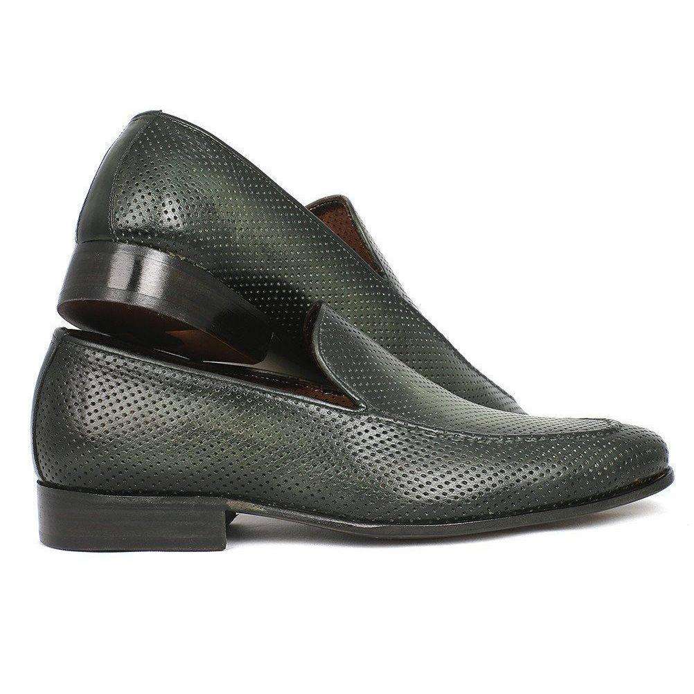 Paul Parkman Handmade Designer Shoes Perforated Leather Green Loafers (PM5459)