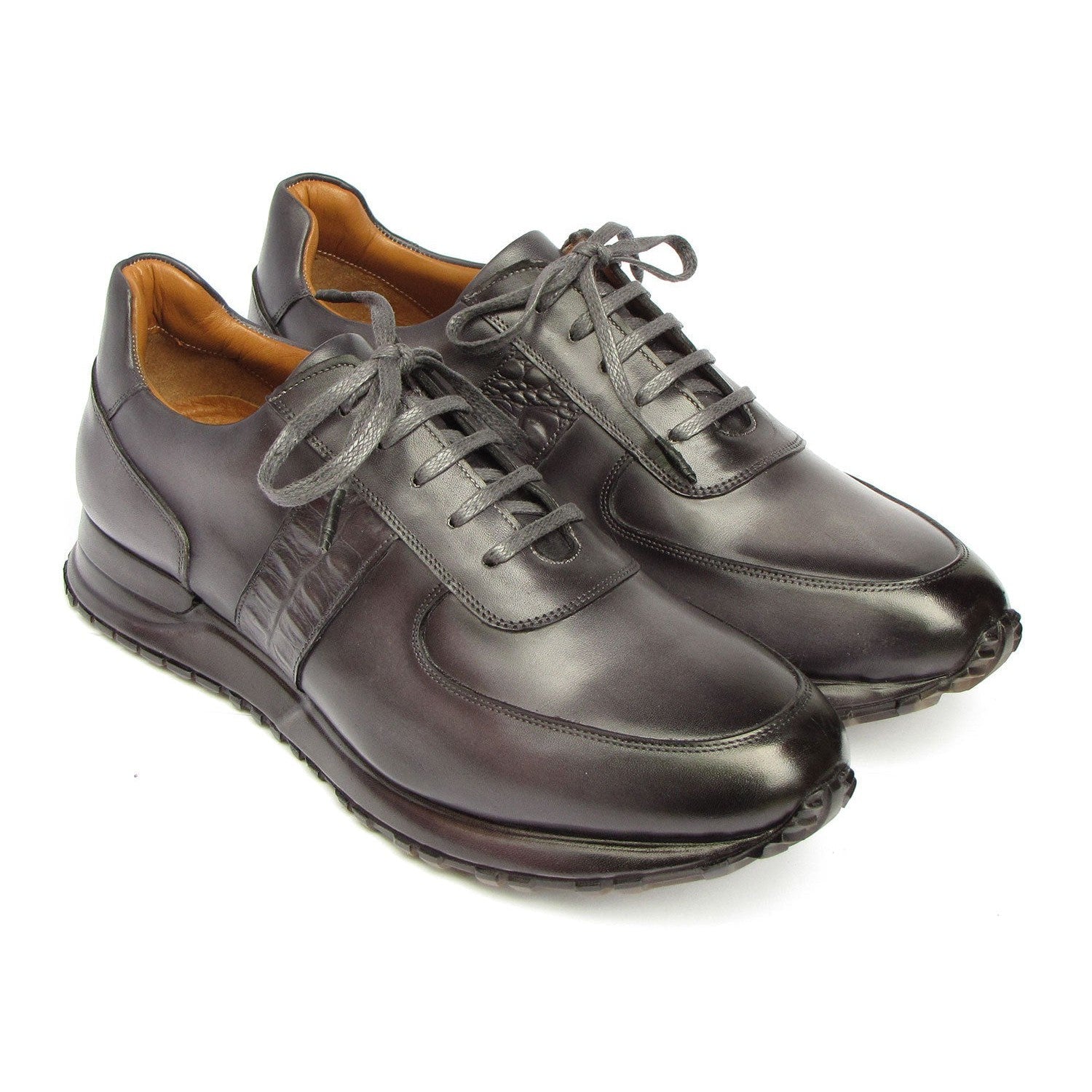 Paul Parkman LP207GRY Men's Shoes Gray & Black Patina Leather Sneakers (PM6432)