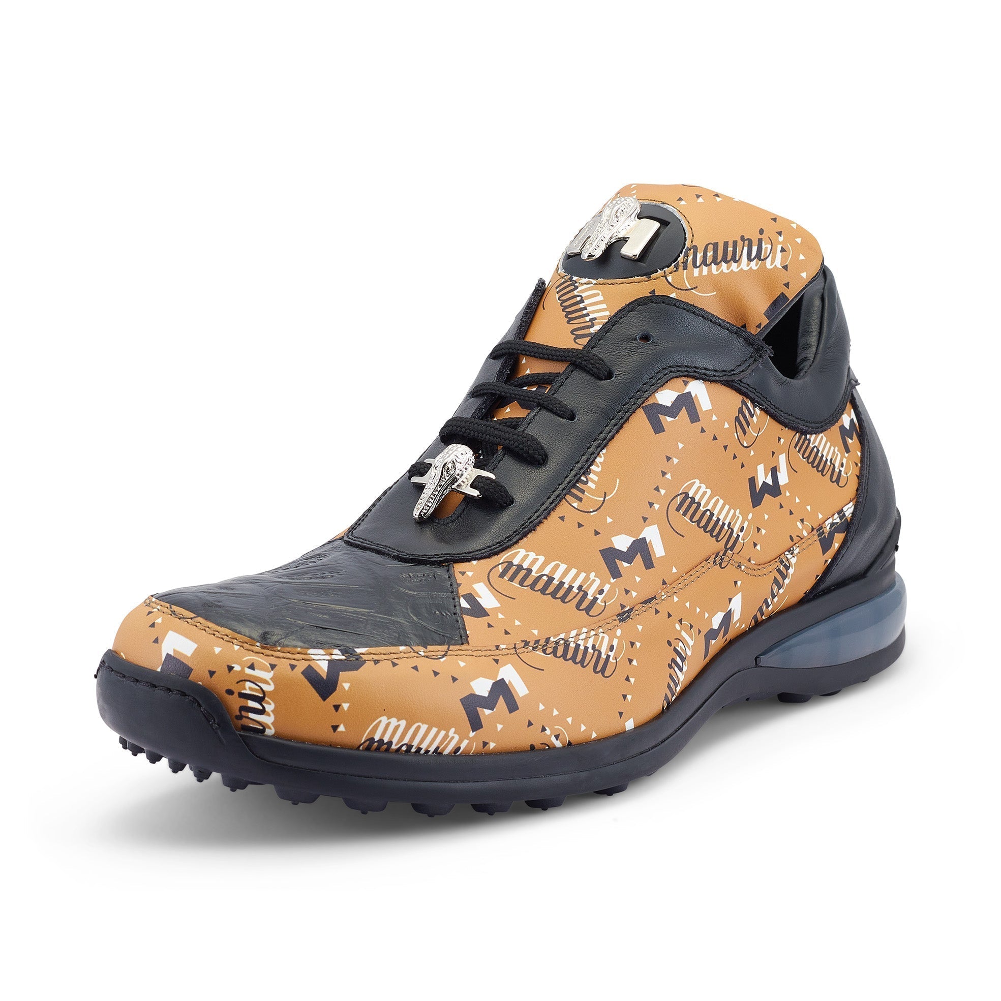Mauri Baller 8900/2 Men's Shoes Black & Mustard Brown Exotic Crocodile / Calf-Skin Leather Casual Sneakers (MA5505)