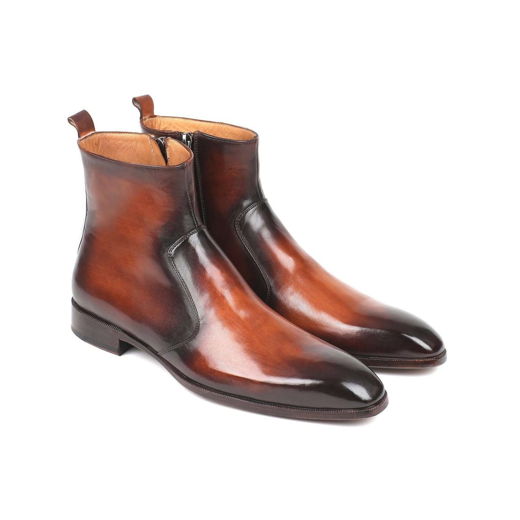 Paul Parkman Handmade Designer Shoes Brown Burnished Side Zipper Boots (PM5864)