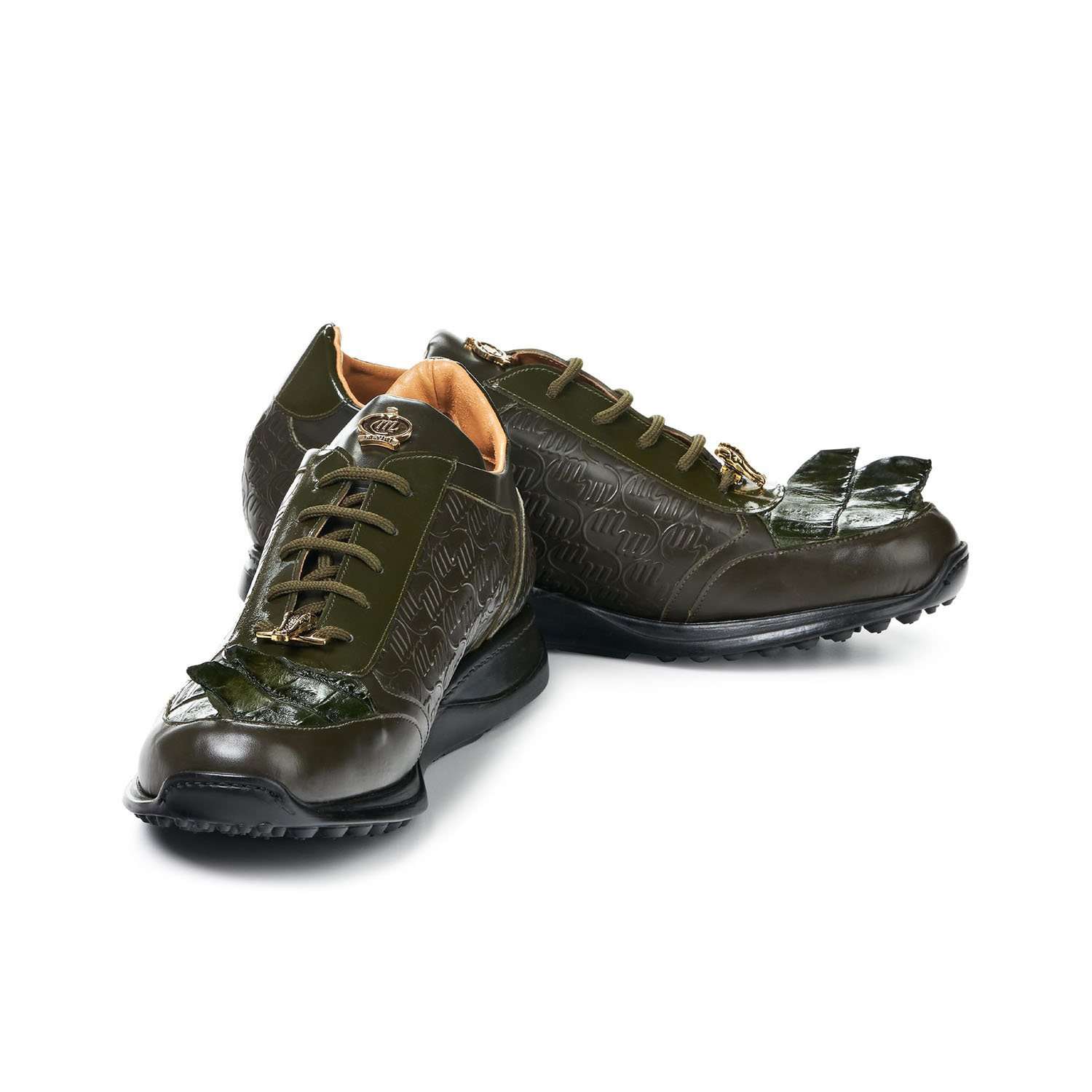 Mauri 8573 Native Men's Designer Shoes Olive Calf-Skin Leather Print and Patent Leather Sneakers (MA5022)