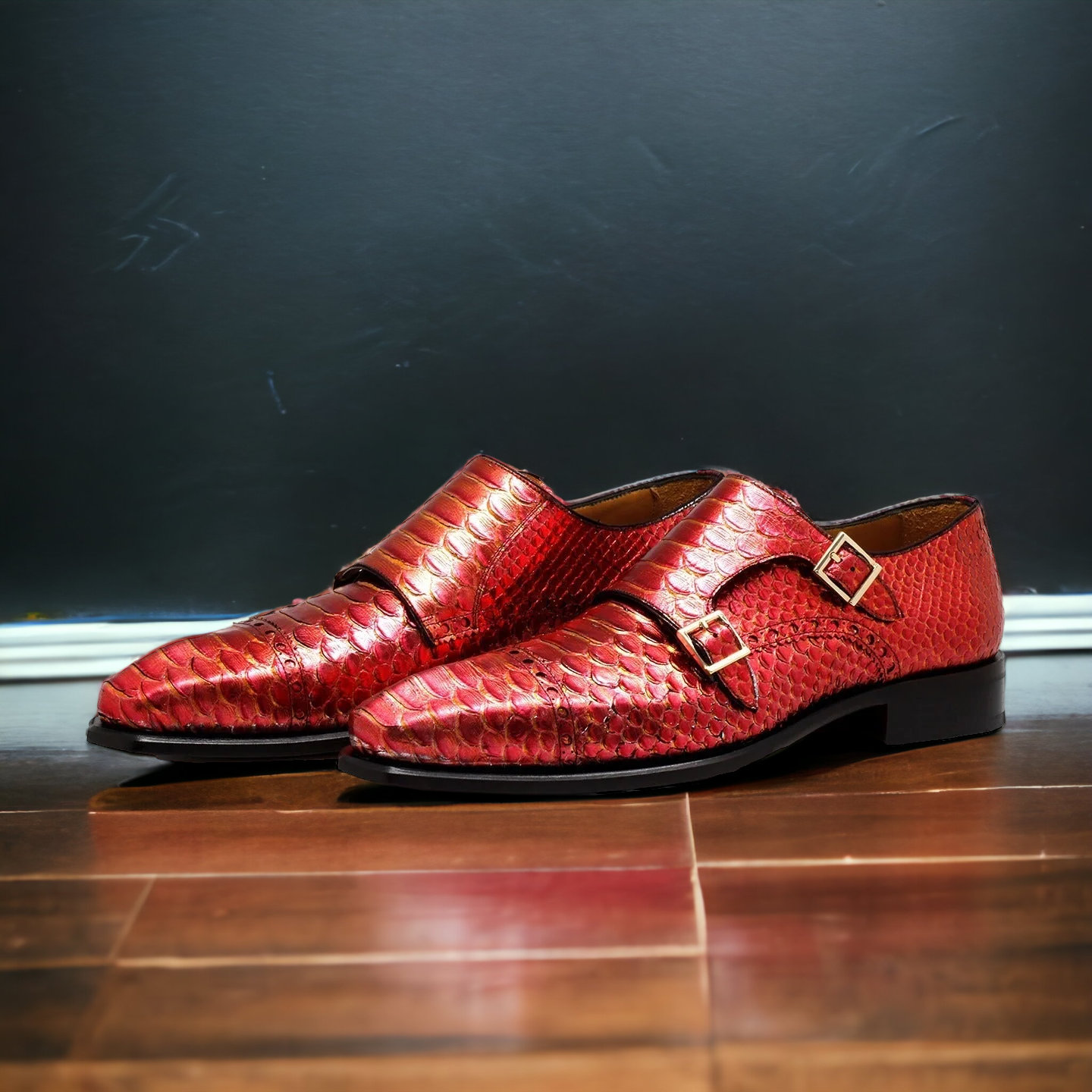 Mister Cardo 40418 Men's Shoes Red Snake Print Monk-Straps Loafers (MIS1127)