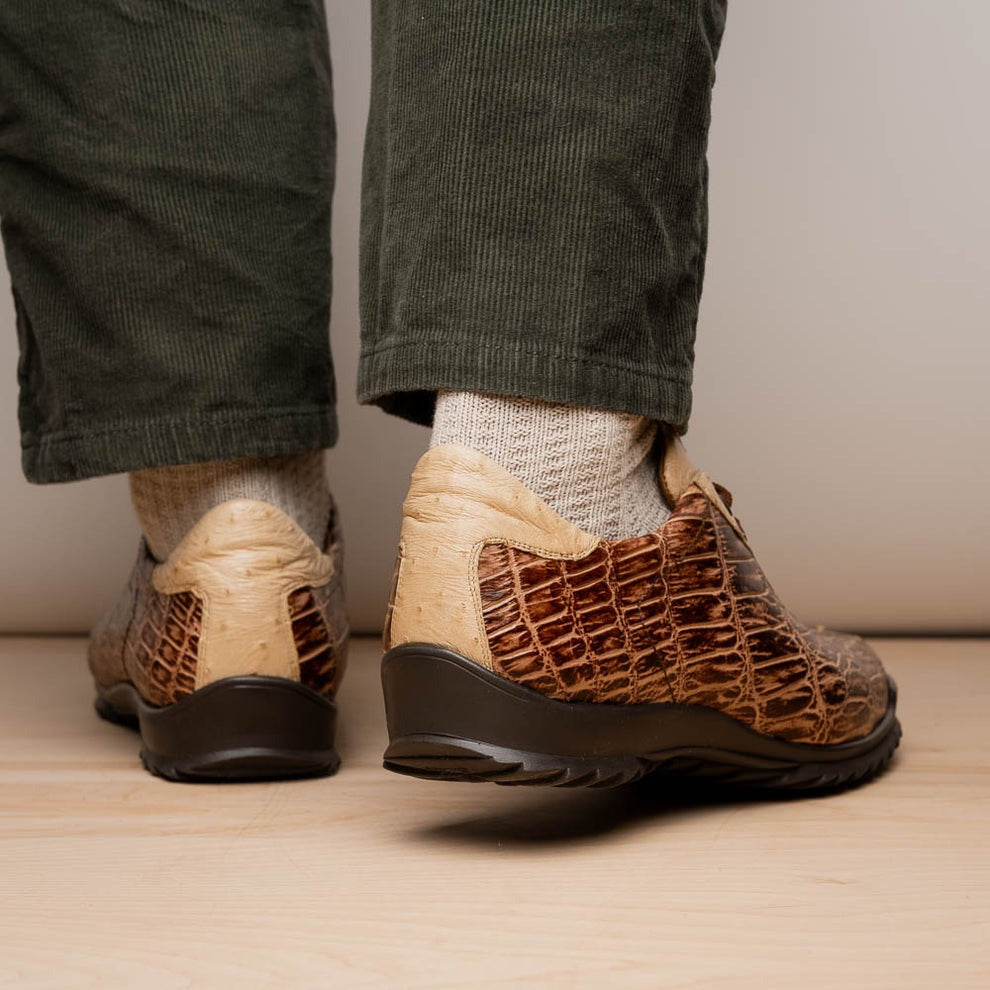 Marco Di Milano Saulo Men's Shoes Green & Cognac Exotic Ostrich / Alligator Casual Sneakers (MDM1045)