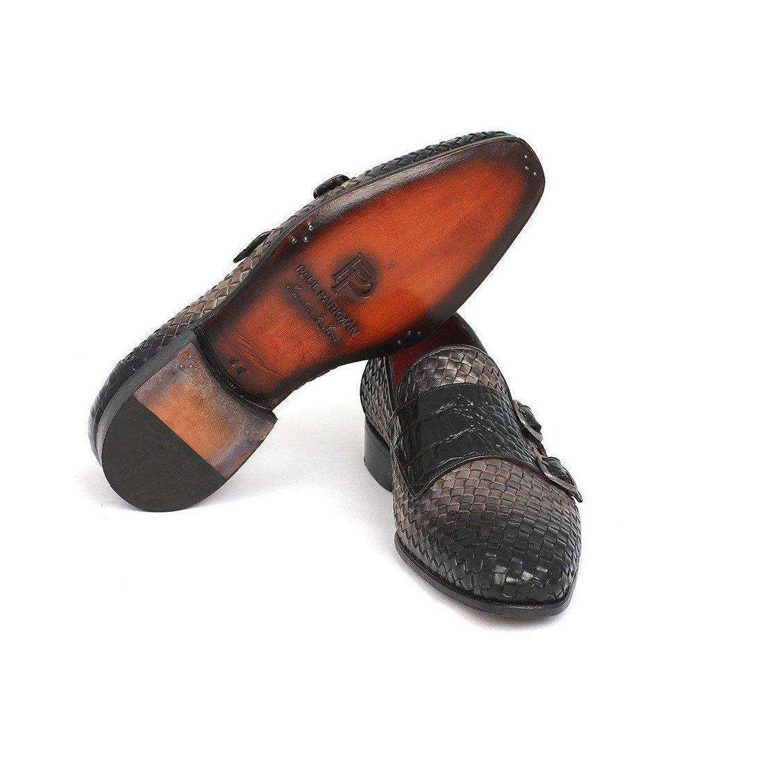 Paul Parkman Handmade Designer Shoes Gray Woven & Croc Embossed Monkstraps Loafers (PM5457)