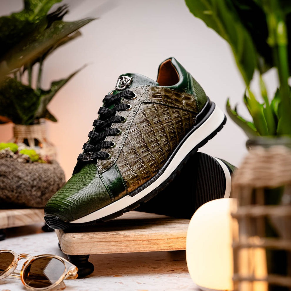 Marco Di Milano Portici Men's Shoes Wine & Black Exotic Lizard / Crocodile Casual Sneakers (MDM1016)