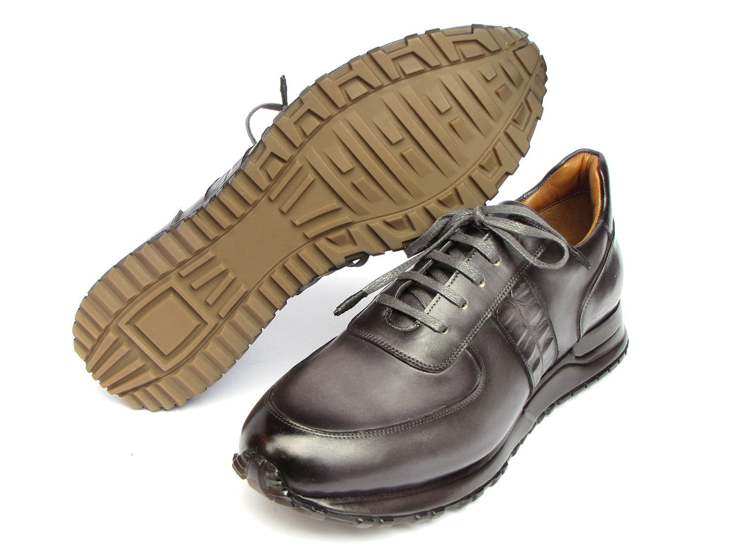 Paul Parkman LP207GRY Men's Shoes Gray & Black Patina Leather Sneakers (PM6432)