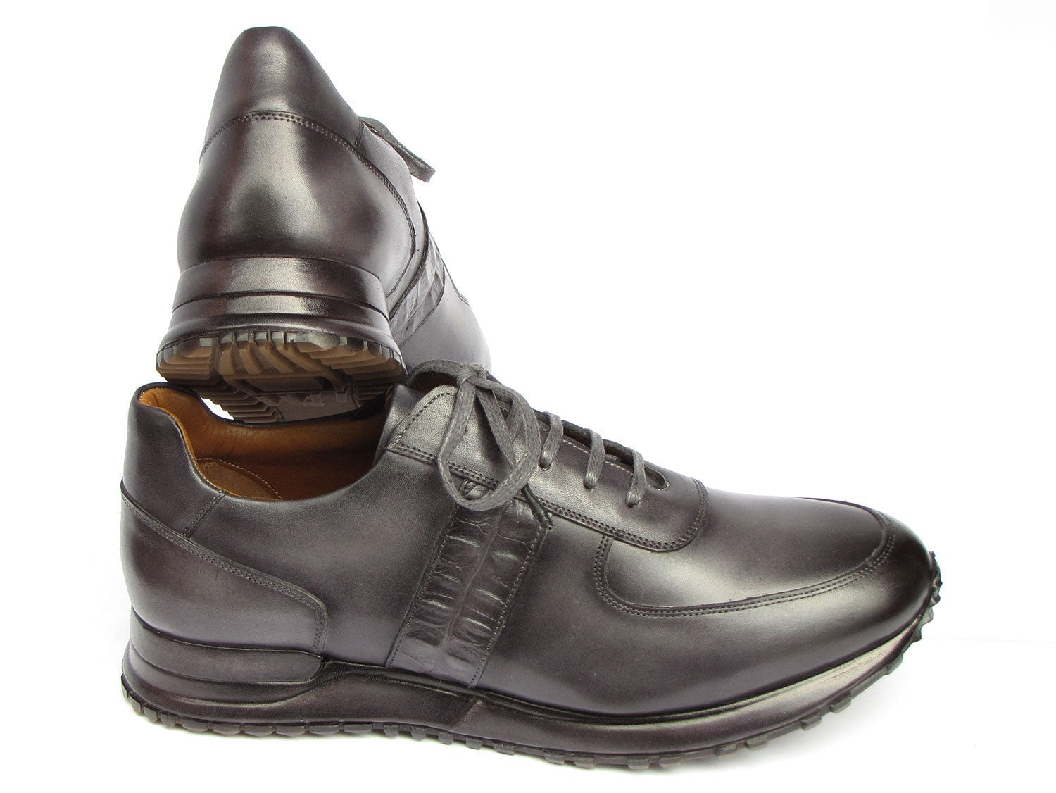 Paul Parkman LP207GRY Men's Shoes Gray & Black Patina Leather Sneakers (PM6432)