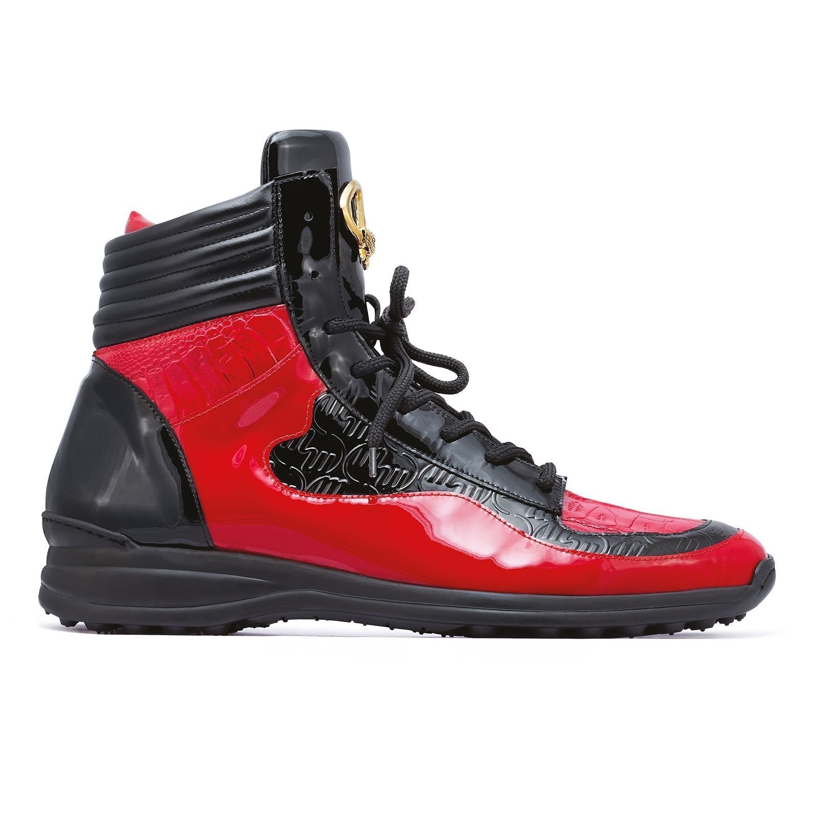 Mauri Flash 8401 Men's Shoes Black & Red Exotic Crocodile / Patent / Ostrich Leg High-Top Sneakers SPECIAL ORDER(MA5279)
