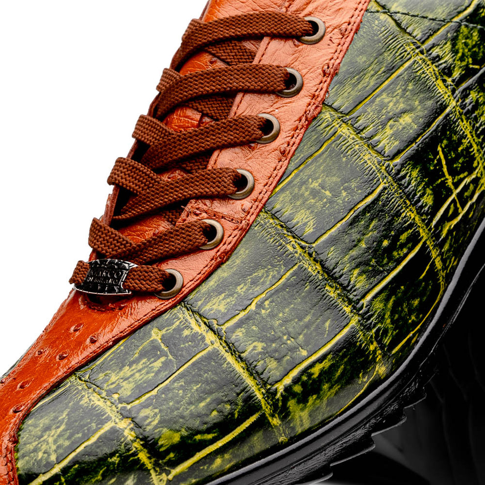 Marco Di Milano Saulo Men's Shoes Green & Cognac Exotic Ostrich / Alligator Casual Sneakers (MDM1045)