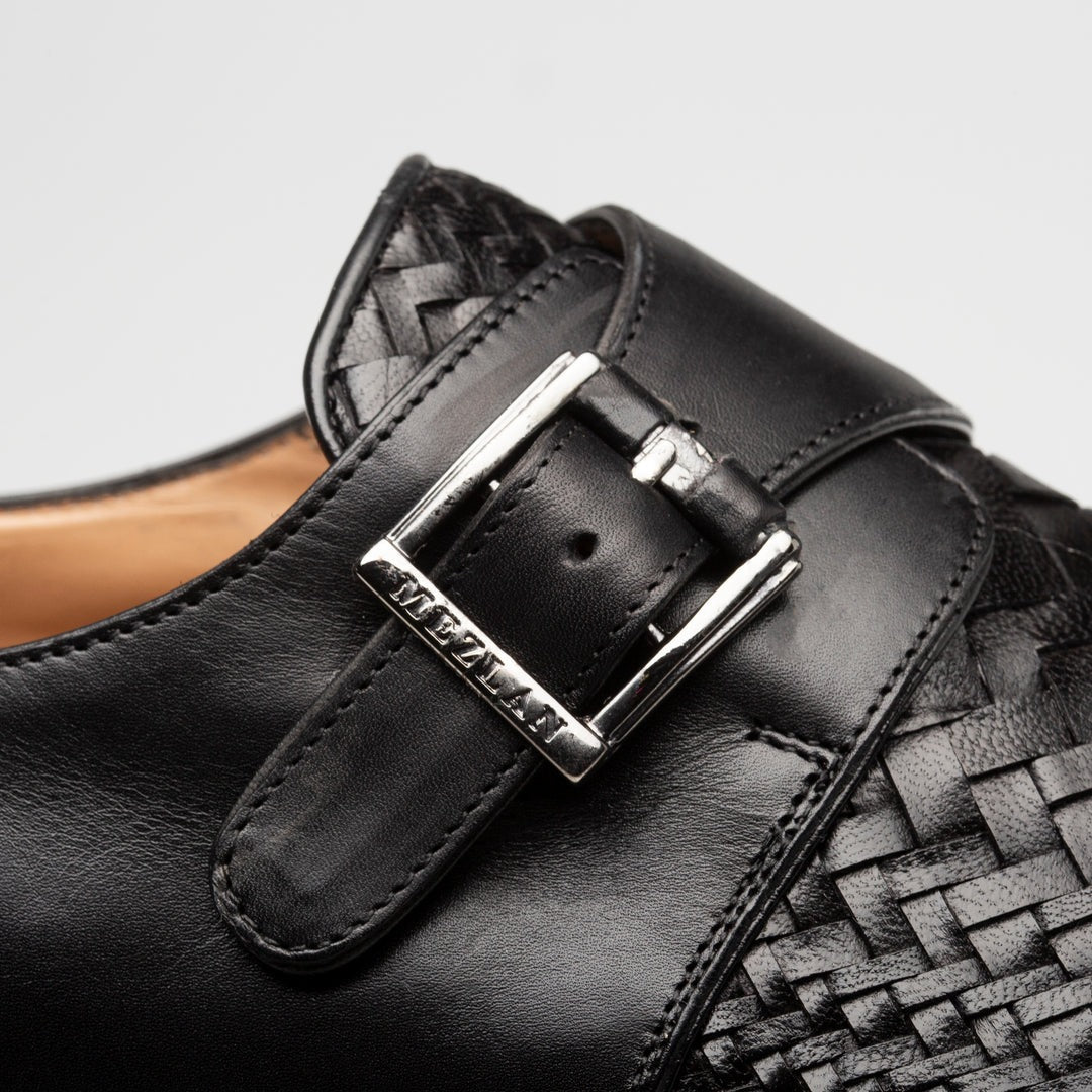 Mezlan Temi 21069 Men's Shoes Black Woven / Calf-Skin Leather Single Monk-Strap Loafers (MZ3742)