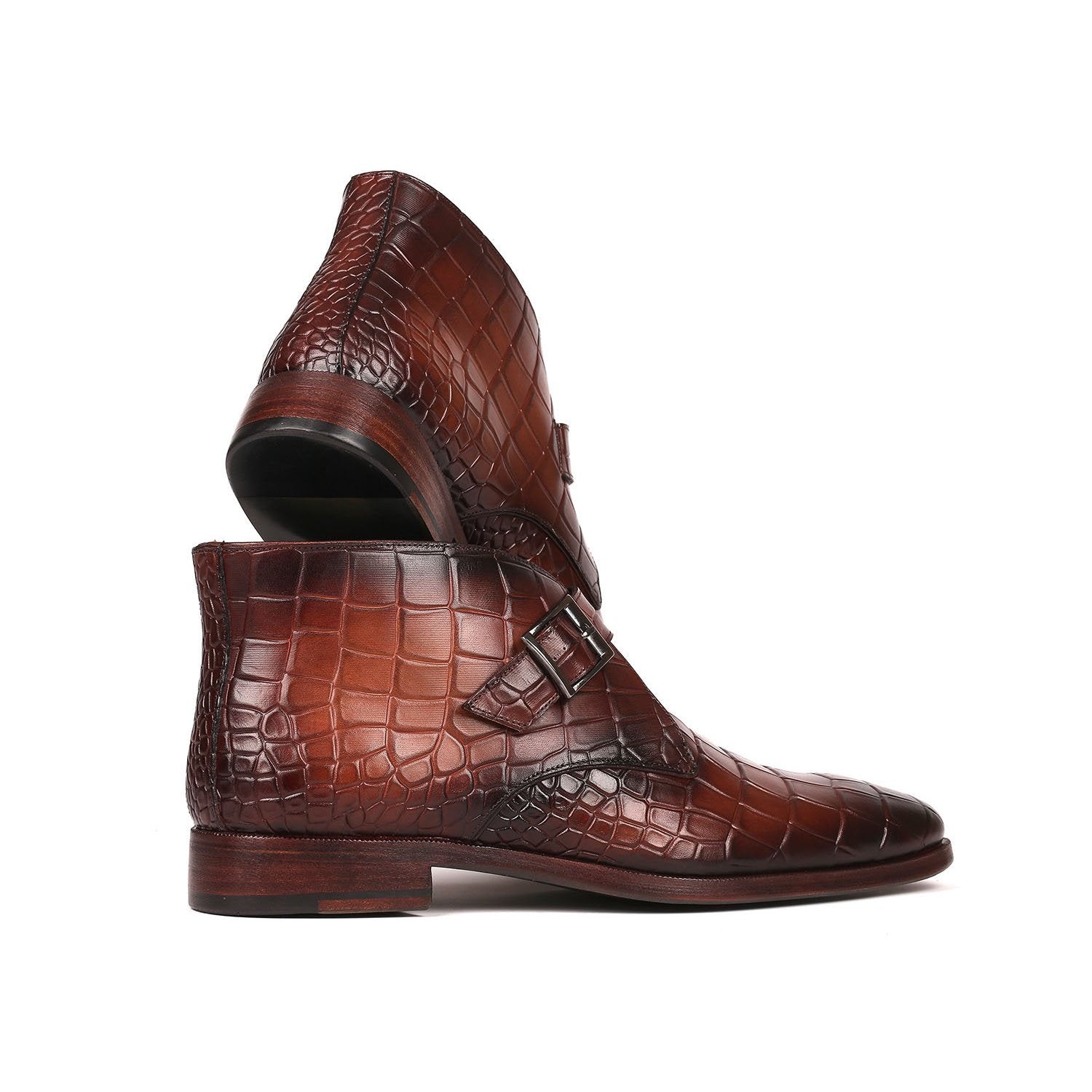Paul Parkman 8638-BRW Men's Shoes Brown Crocodile Print / Calf-Skin Leather Monk-Strap Ankle Boots(PM6254)