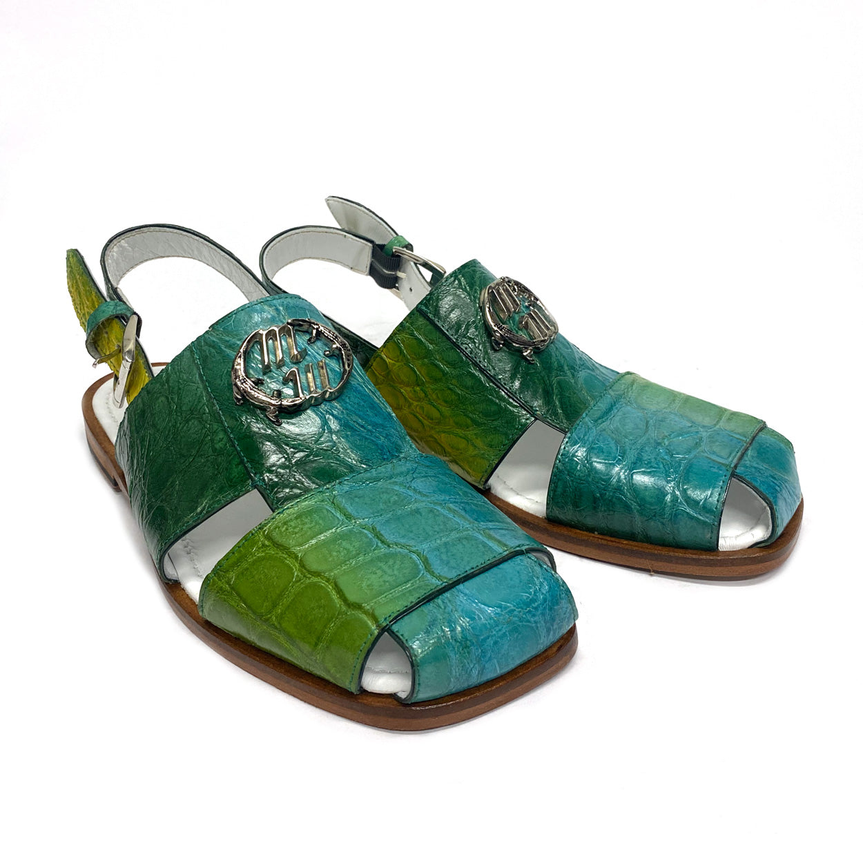Mauri 5126 Men's Shoes Turquoise & Two-Tone Green Exotic Alligator Slip-On Sandals (MAS5507)