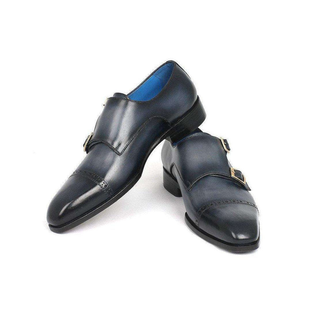 Paul Parkman Handmade Designer Shoes Captoe Double Monkstraps Navy Loafers (PM5460)