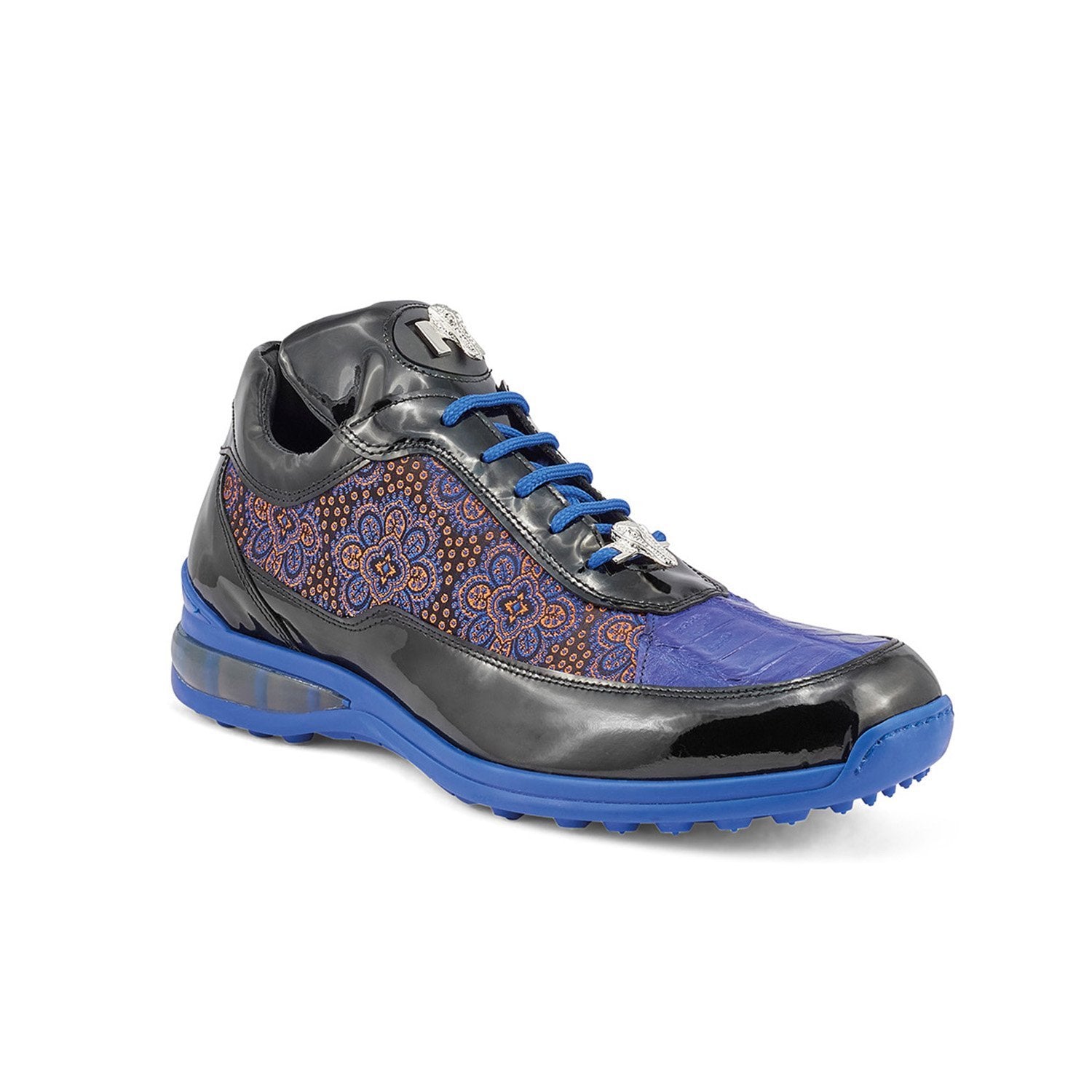 Mauri 8900/2 Bubble Men's Shoes Black, Blue & Orange Exotic Crocodile / Patent Leather / Matahari Fabric Casual Sneakers (MA5402)
