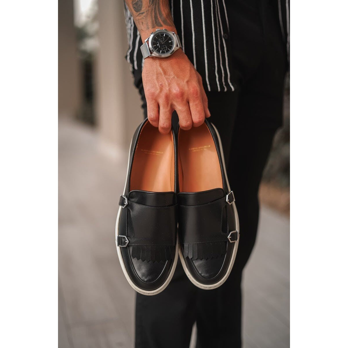 SUPERGLAMOUROUS TANGERINE 7.1 Men's Shoes Black Nappa Leather Double Monk Skate Sneakers (SPGM1295)