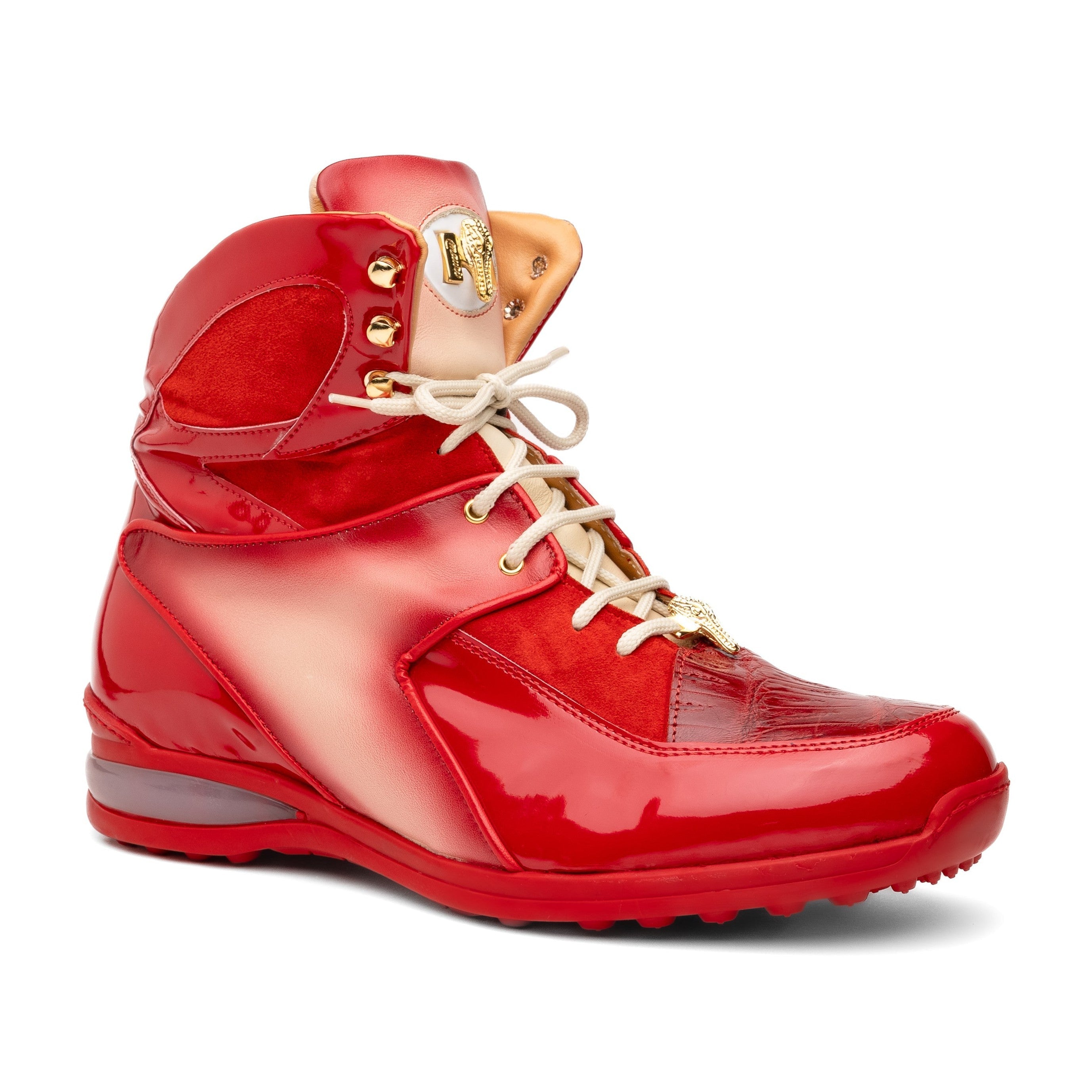 Mauri Diamond 8402 Men's Shoes Red & Cream with Red Finish Exotic Crocodile / Suede / Nappa / Patent Leather High-Top Sneakers (MA5624)